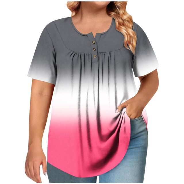 T-shirt Plissé à Manches Courtes et Col Rond pour Femmes Grande Taille avec Boutons