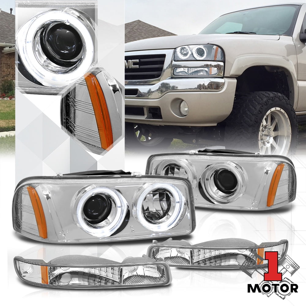 Bumper Lamps Replacement for GMC Sierra//Yukon GMT800 99-07 4pc Chrome Housing Amber Side Dual Halo Projector Headlight