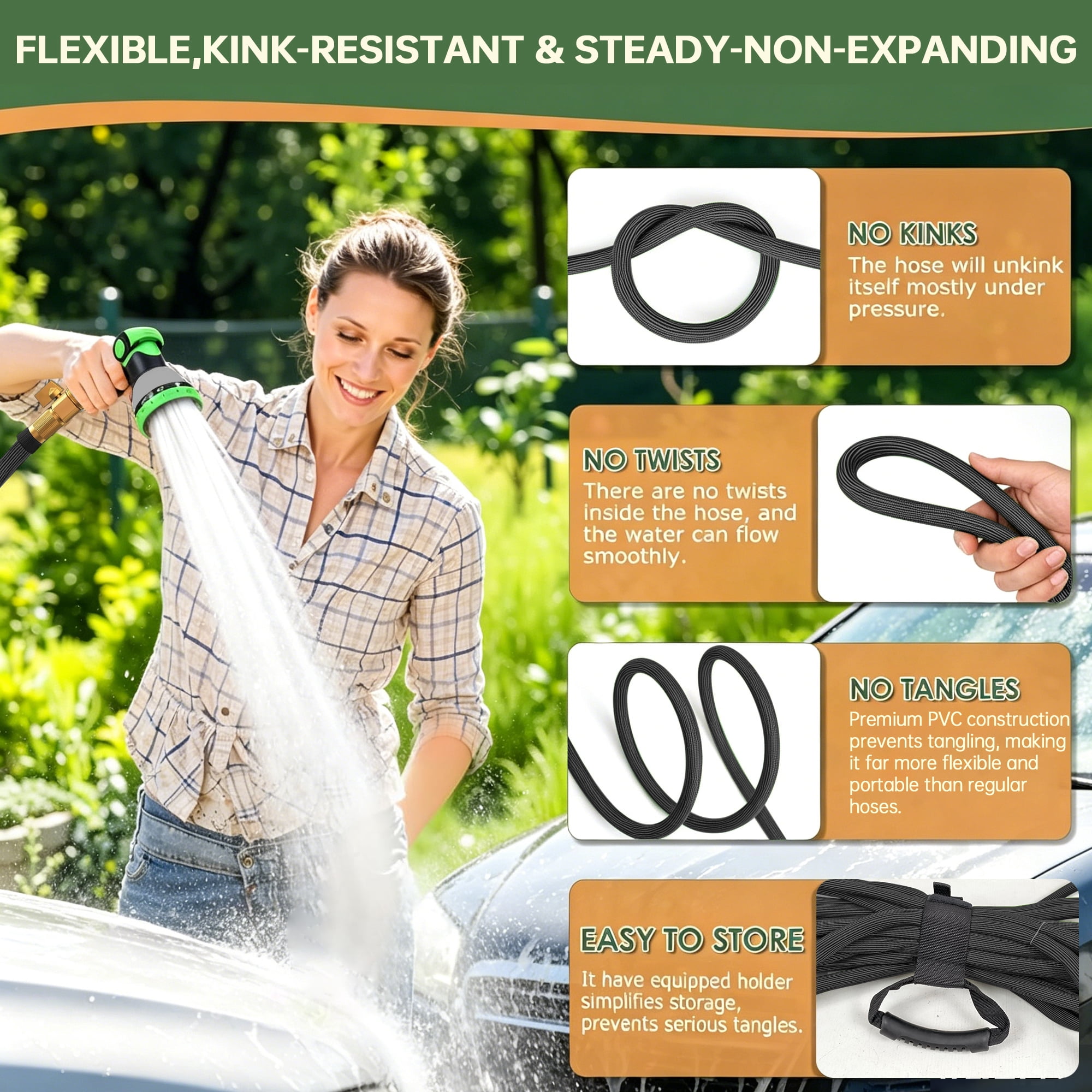50FT Non-Expanding Heavy-Duty Garden Hose, Reinforced PVC & Polyester, 3/4-Inch Brass Connectors, Durable & Burst-Resistant, with 10-Function Nozzle