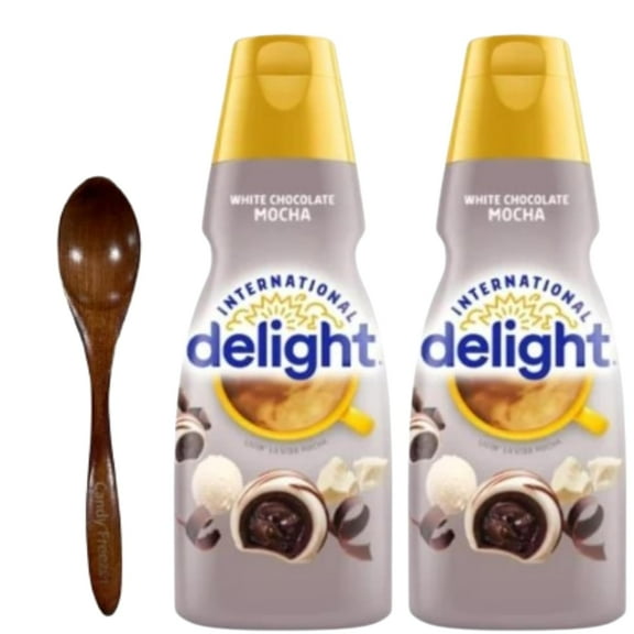 Candy Freezer Int'l Delight Shelf-stable Non-dairy Liquid Coffee Creamer.- Pack of Two (2) 32 fl oz Bottles (White Chocolate Mocha) with Wooden Spoon