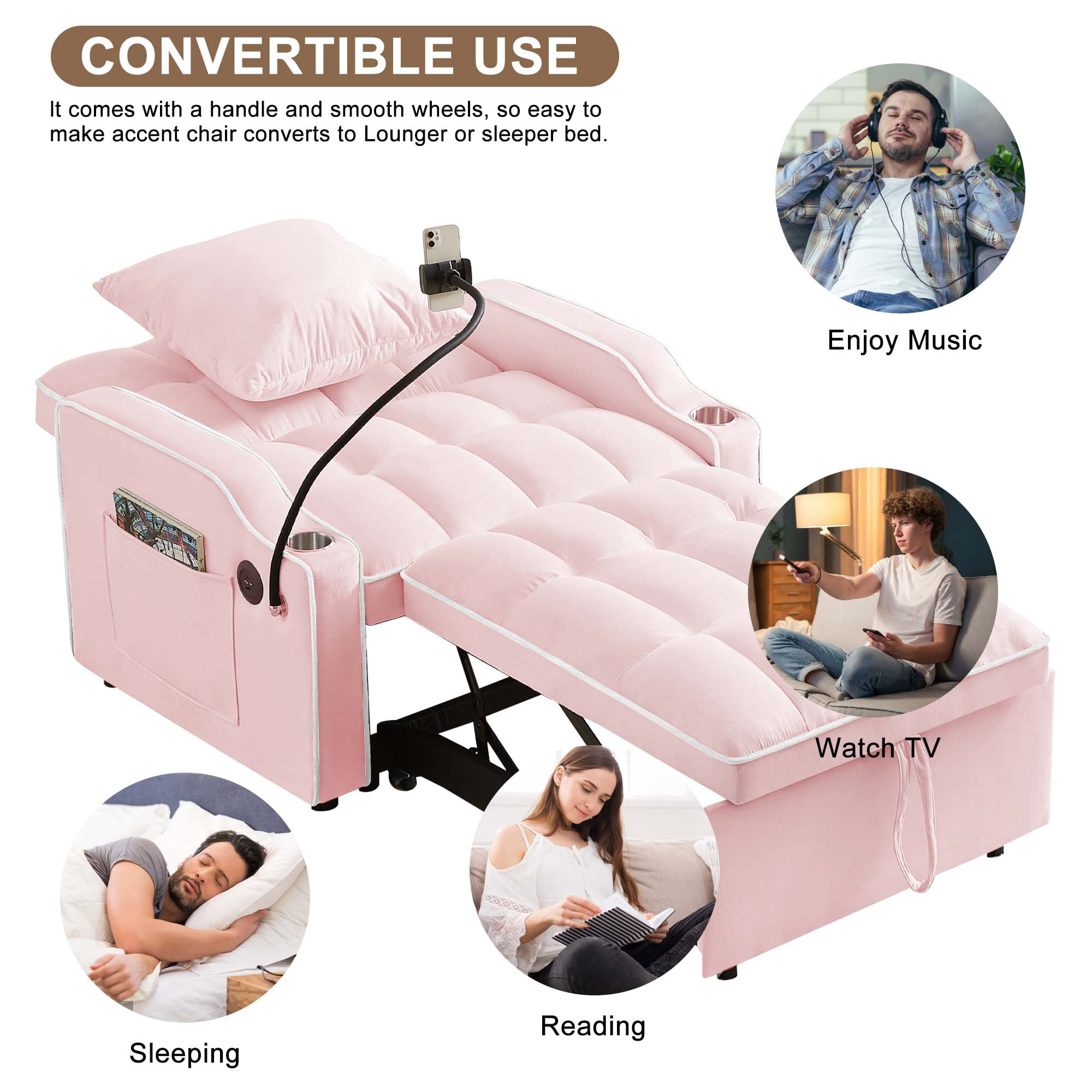Aukfa Sleeper Chair Bed, Convertible Pull Out Sofa Bed with USB Port, Cup Holders and Swivel Phone Holder, Pink