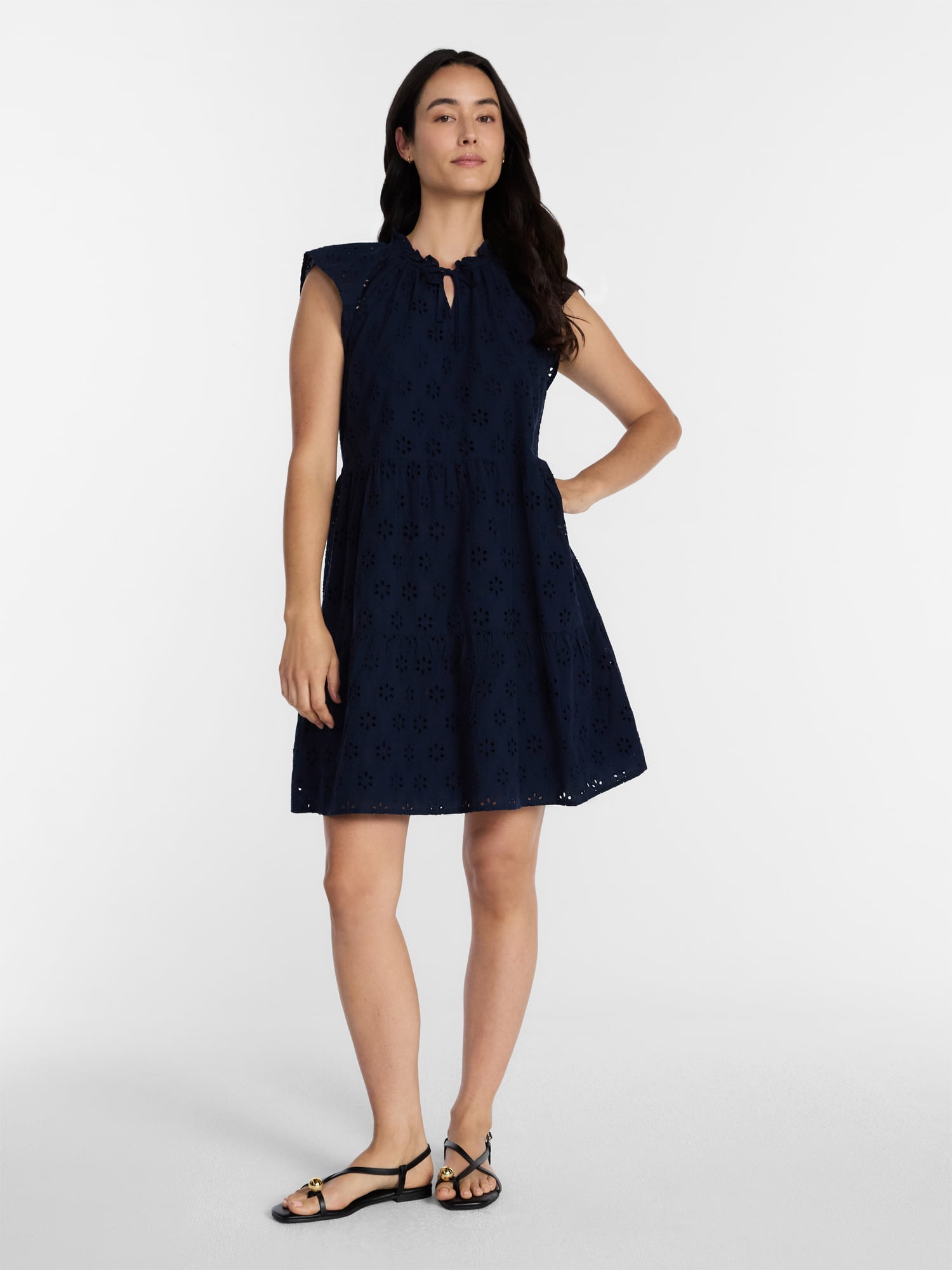Time and Tru Women's Eyelet Embroidery Cotton Mini Dress with Flutter Sleeves, Sizes XS-XXXL