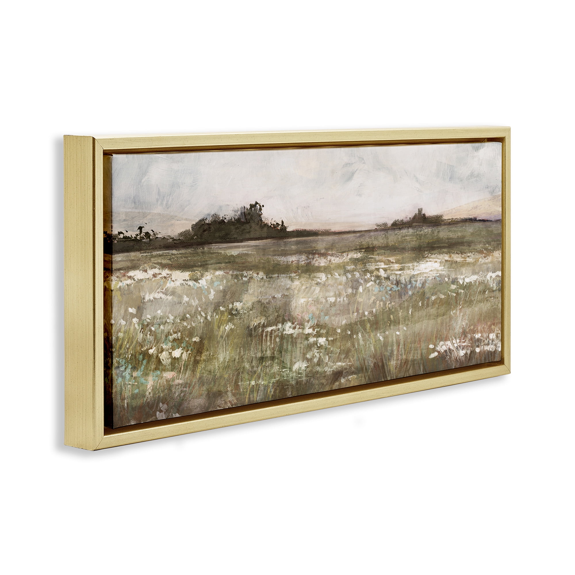 Stupell Industries Rural Country Meadow Landscape Painting Gold Floater Framed Canvas Art Print Wall Art, 31 x 14