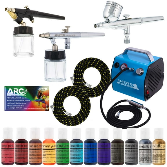Bakery Airbrush Cake Kit with 3 Airbrushes, Compressor, 2 Air Hoses & 12 Color Chefmaster Food Coloring Set.7 fl Ounce