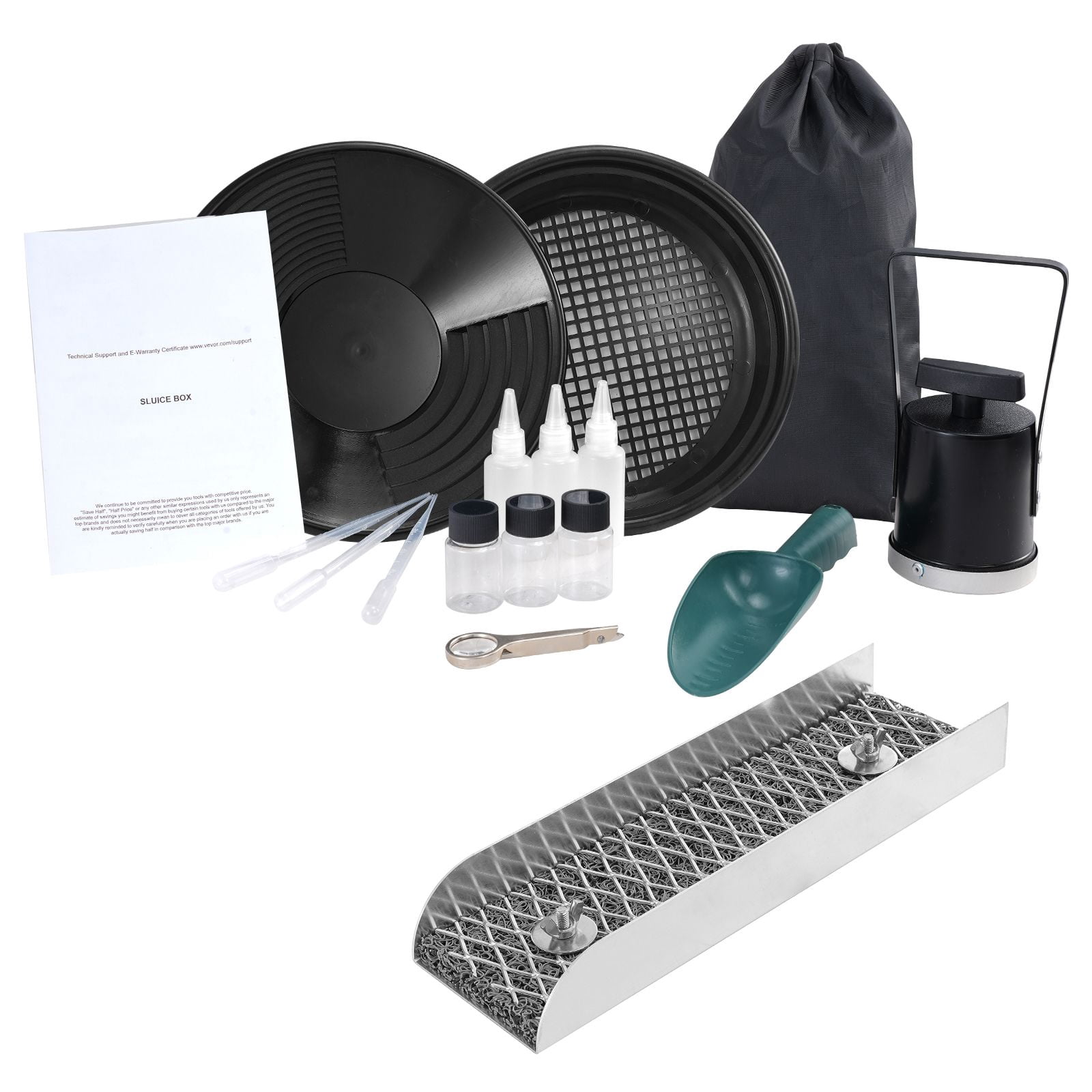 Gold Panning Kit 16-Piece Sluice Box Aluminum Alloy Classifier Screen Magnet Snuffer Bottles for Prospecting