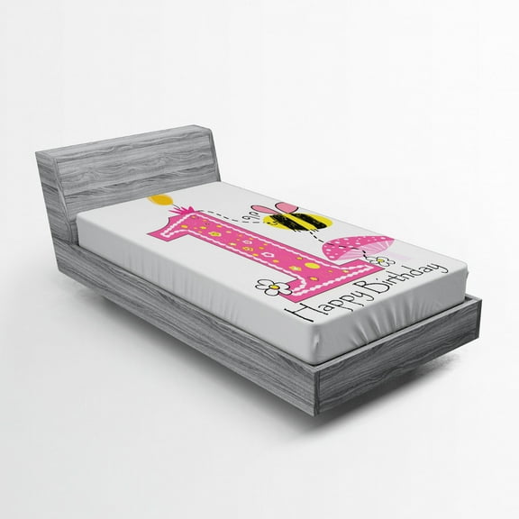 Ambesonne Cartoon Fitted Sheet, Bees Party Cake Candle, Twin Size, Pink Black and Yellow