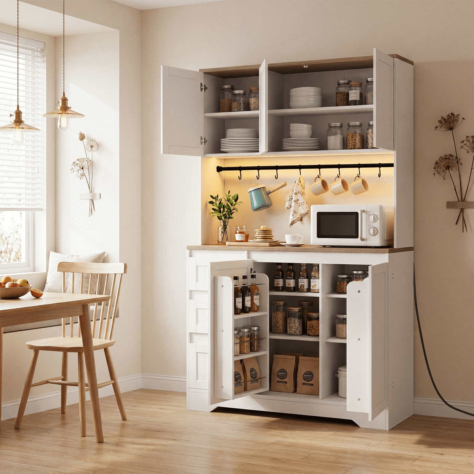 VIngud 71" Tall Pantry Cabinet with Charging Station, Large Capacity Kitchen Hutch Storage Cabinet, Kitchen Cabinet with Microwave Stand, Storage Drawers & Adjustable Shelves for Dining Room