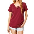 thumbnail image 3 of Nlife Women Criss Cross V Neck Short Sleeve Solid Color T-shirt, 3 of 7