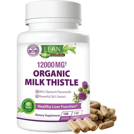 Lean Nutraceuticals Organic Milk Thistle Supplement, 12,000mg, Silymarin, Liver Cleanse, 120 Capsules