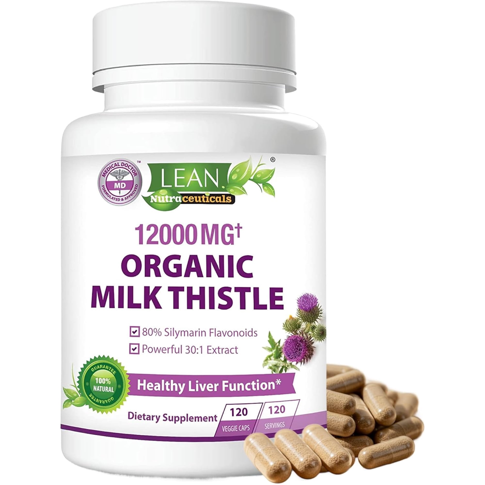 Lean Nutraceuticals Organic Milk Thistle Supplement, 12,000mg, Silymarin, Liver Cleanse, 120 Capsules