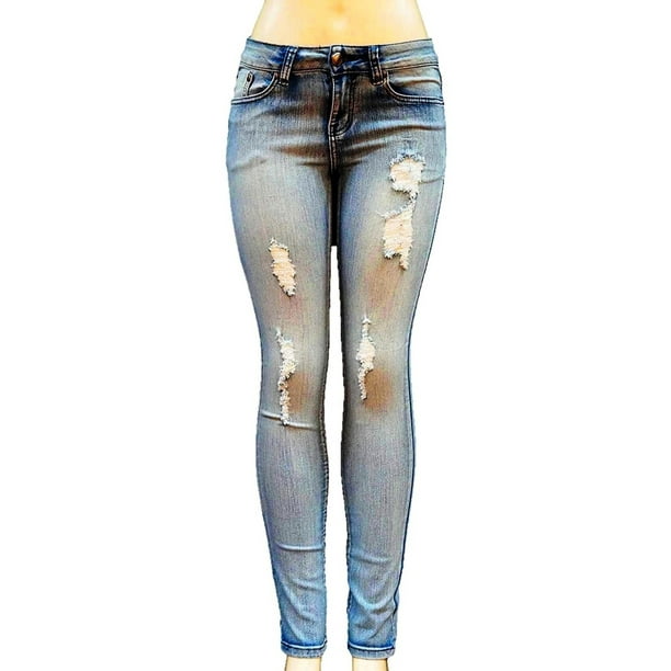 Jean9 - Womens Junior Blue Denim Jeans Destroy Skinny Ripped Distressed ...
