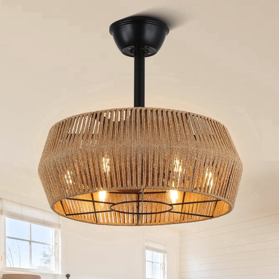 Chords Attic 18" 6-Light  Boho Ceiling Fan with Lights and Remote Control, Farmhouse Ceiling Fan with Natural Jute Rope Woven Drum Shade for Bedroom, Living Room, Patio