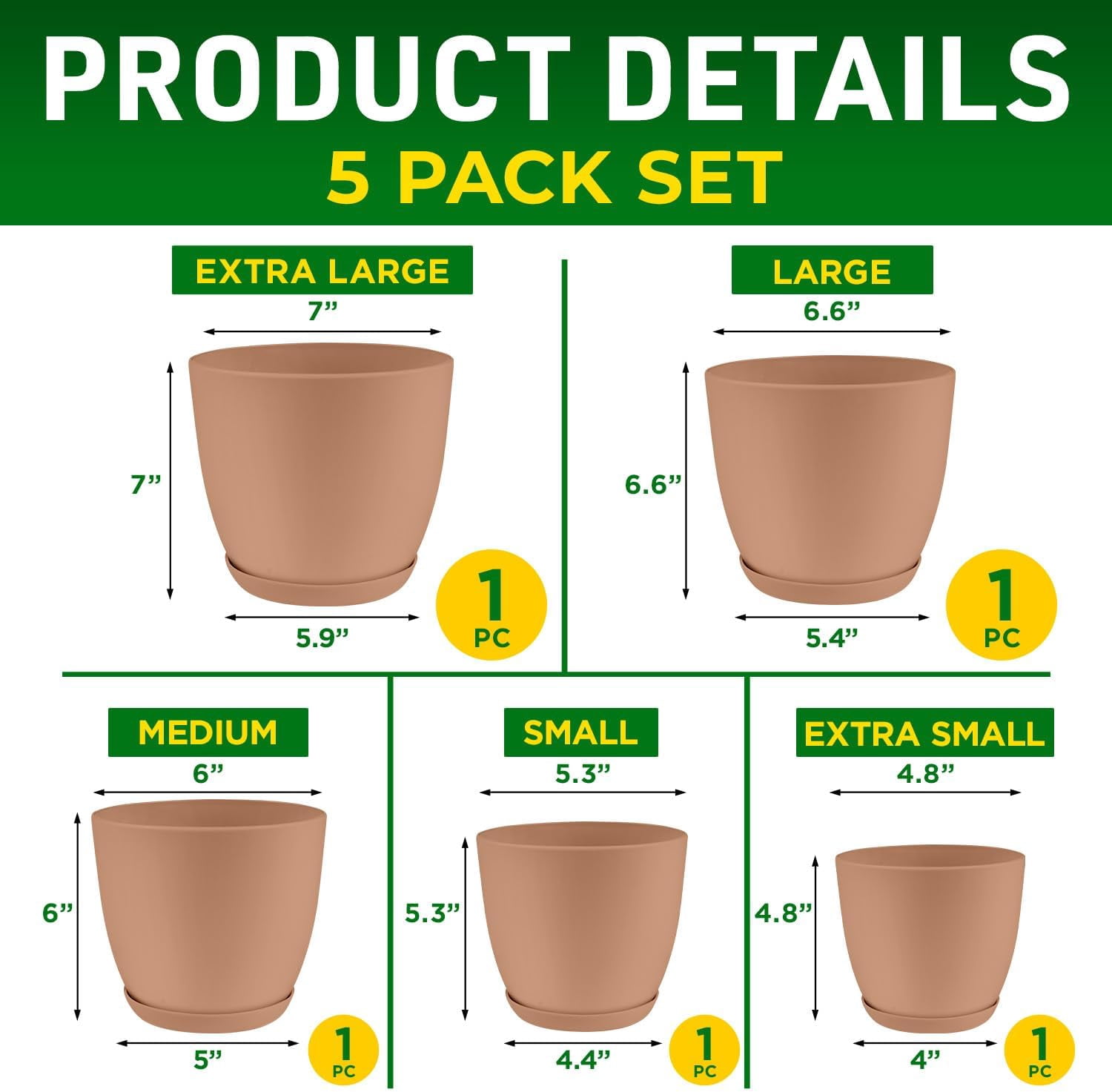 Lifemaster 5-Piece Pink Planter Pots with Drainage - Lightweight, Durable, Space-Saving Design for Indoor/Outdoor Use