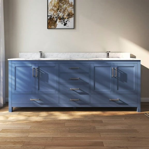 MEDUNJESS 84" Modern Bathroom Vanity with Double Basins Sink, Free Standing Vanity Cabinet with Faucet Hole(Blue)