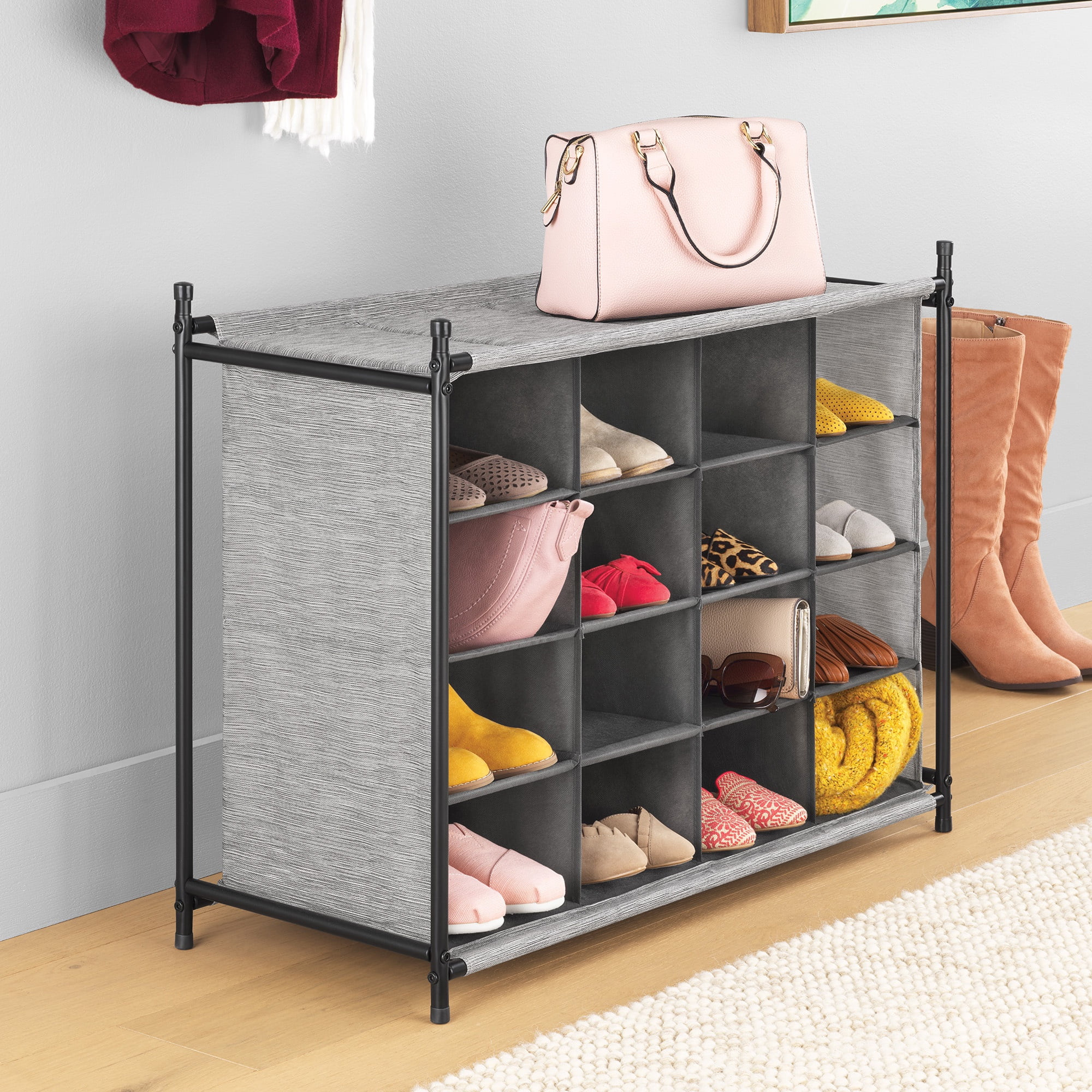 Whitmor 4-Tier Fabric Shoe Rack, Space-Saving Storage Cubbies, 16-Cubbies, Gray & Black