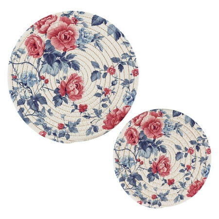 

2 pcs Pot Holders Trivets Heat Resistant Trivets Red and Blue Floral Cotton Thread Weave Mats for Hot Pads Pans Pot Bowl Teapot