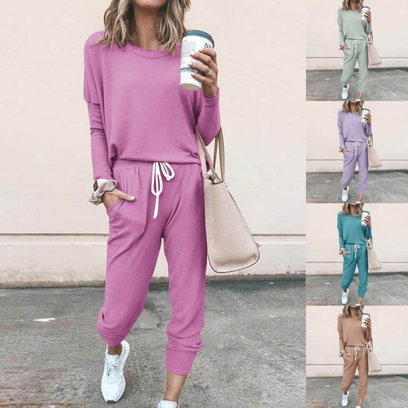 Dazajoo Long Sleeve Sweatsuits for Women 2 Piece Outfit Round Neck Pullover and Drawstring Pants with Pockets Matching Sets 2024 Fall Solid Color Outdoor Lounge Suits Today's Deals,Green,XXL