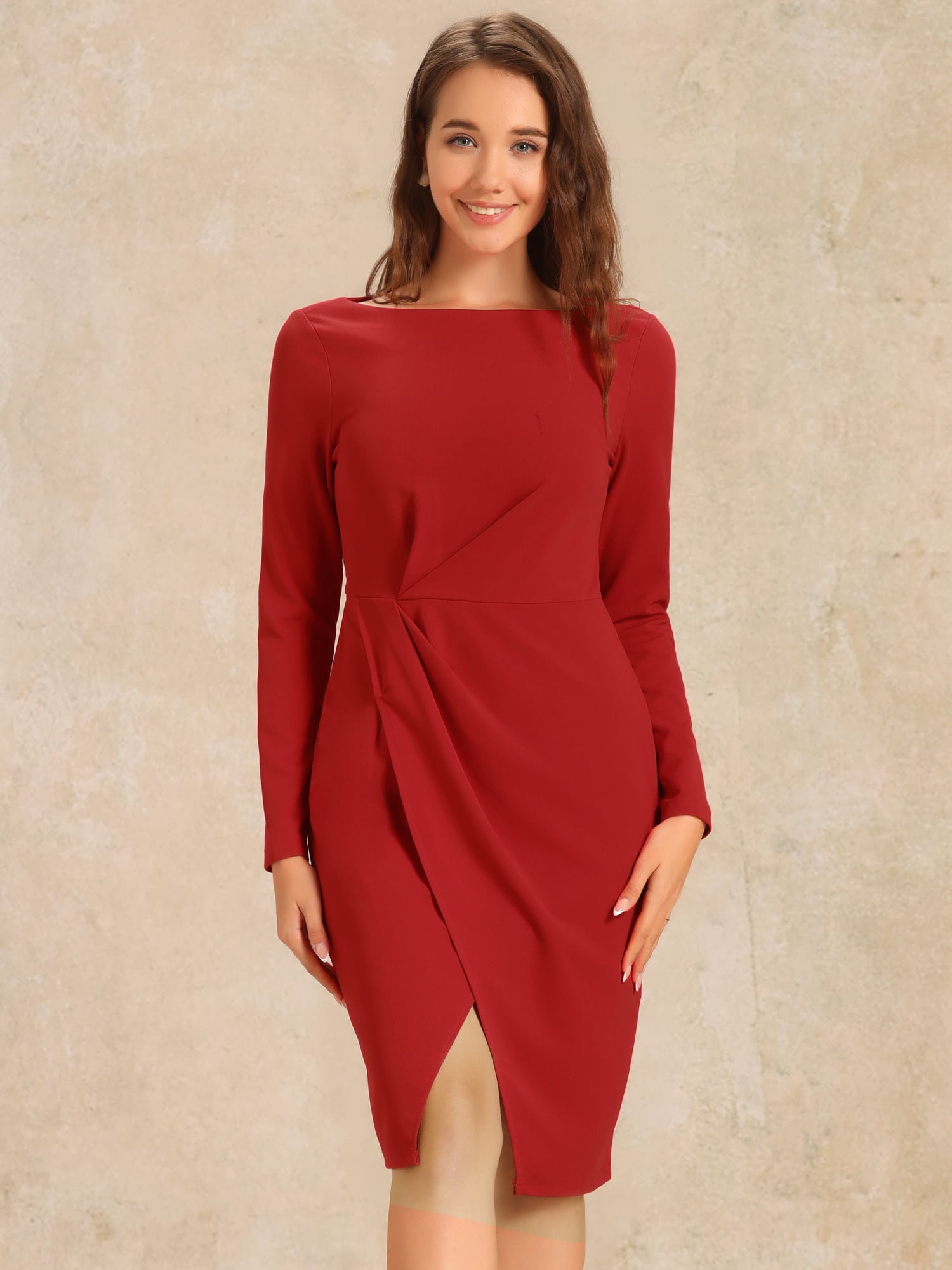 DARING DIVA Boat Neck Ruched Split Sheath Dress L Red