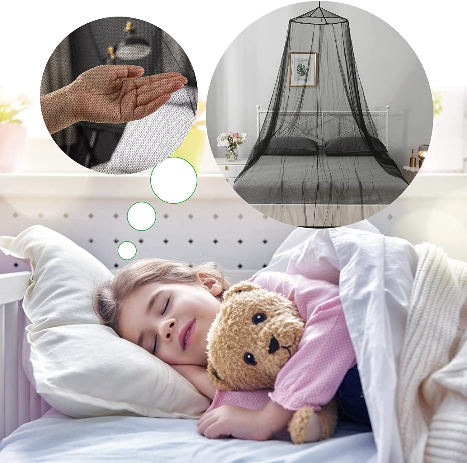 Mosquito Net Bed Canopy for Girls,King Canopy Bed Curtains Queen Size from Ceiling,Dome Mosquito Netting Bed Tent Twin Girls Canopy Bed Decor for Baby Crib,Kid Bed and Adult Beds (Black Dome)