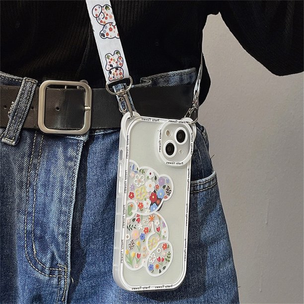 Estuche con cordón cruzado con orejas de oso y flor bonita coreana para iPhone 14 13 12 11 Pro XS Max X XR 7 8 Plus, funda blanda a prueba de golpes con correa Tan Jianjun unisex