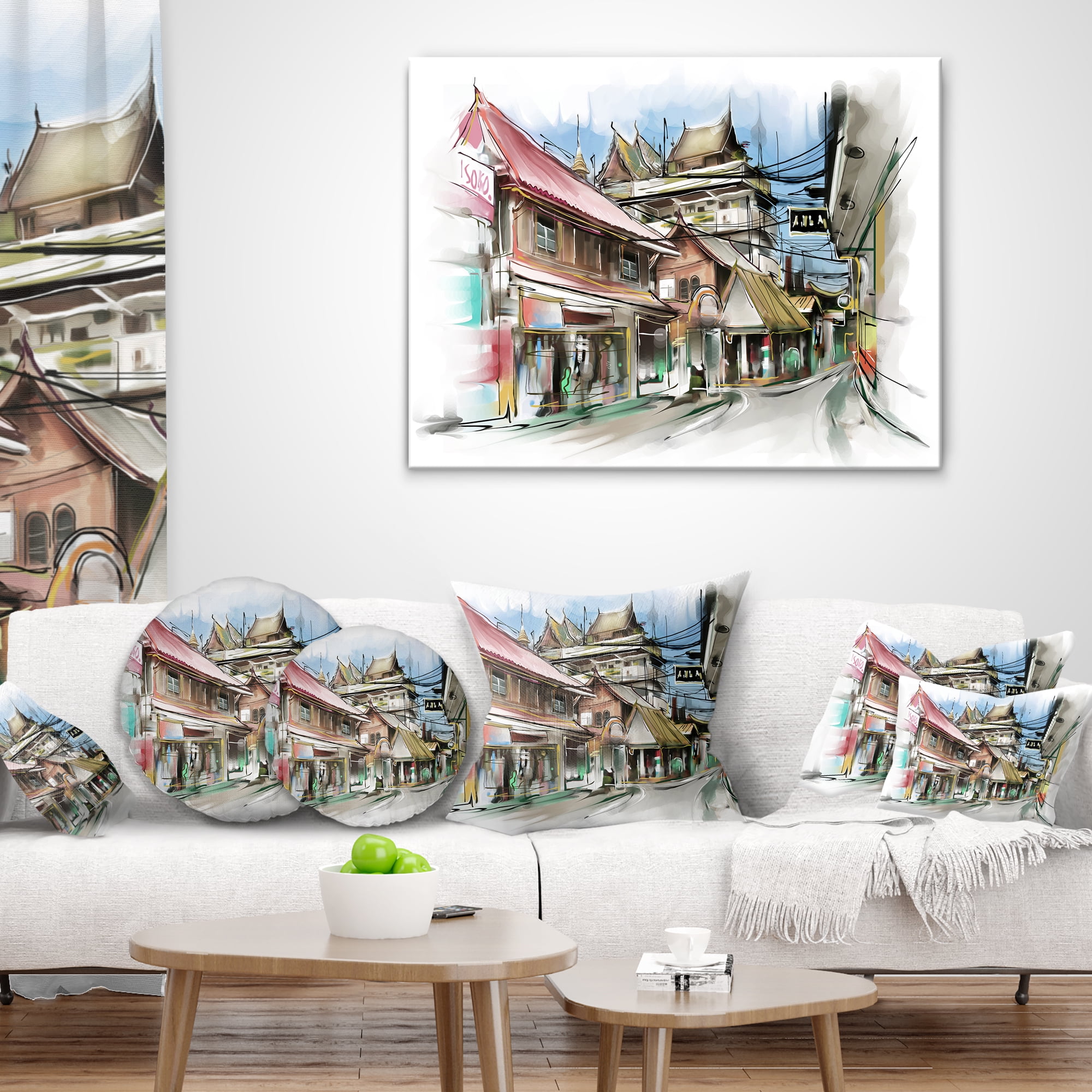Designart City Street Illustration Art - Cityscape Street Throw Pillow - 18x18