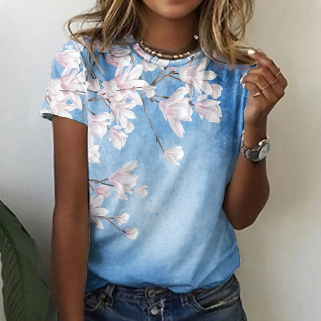 Hauts d'Été Grande Taille pour Femmes Décontracté Ample Imprimé Floral Col Rond Manches Courtes T-Shirt Col en V Femmes en Liquidation