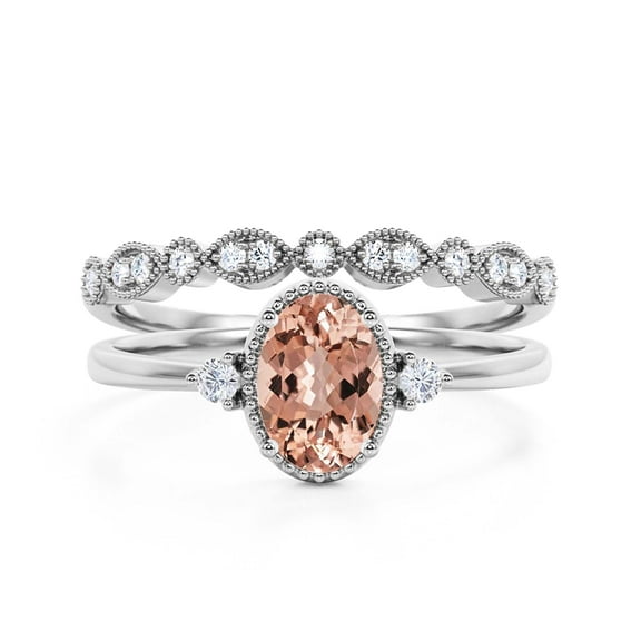 Beautiful Boho And hippie 1.85 Carat Oval Cut Morganite And Diamond Moissanite Engagement Ring, Wedding Ring, One Matching Band in 10k Solid White Gold, Romanic Gift For Her, Promise Ring