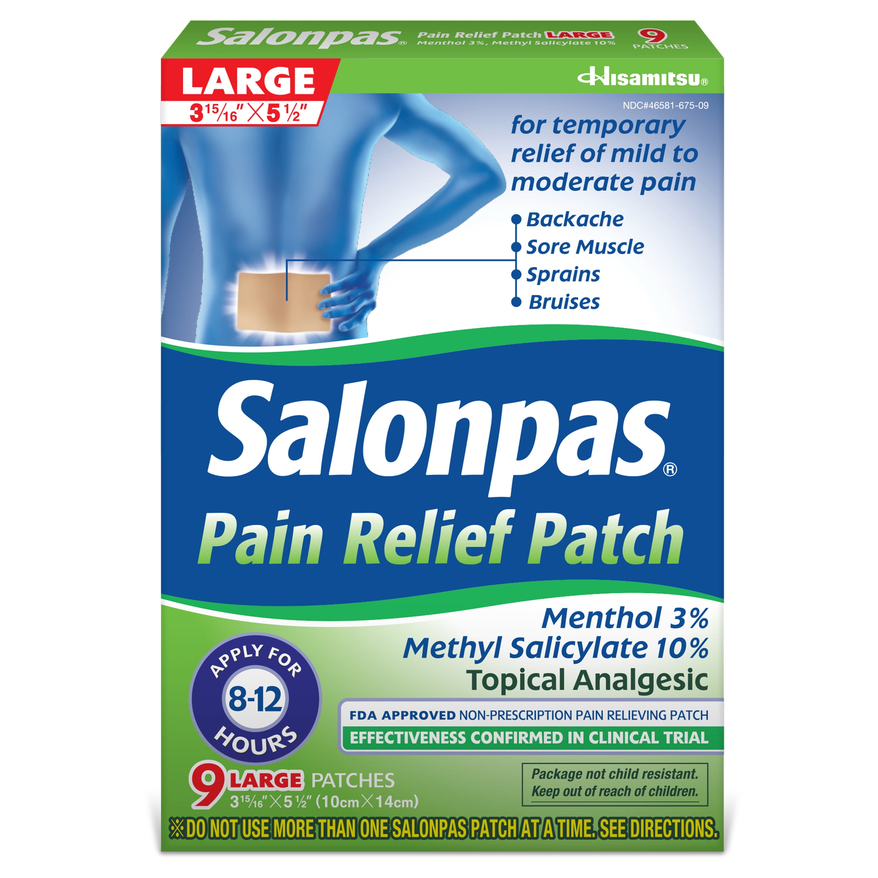 Salonpas Pain Relief Patch, 12-Hour Mild to Moderate Pain Relief, 9 Large Patches