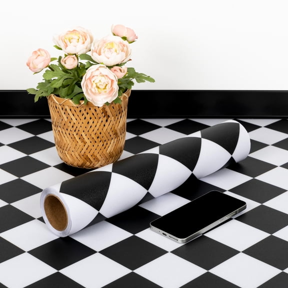 UMIGGEE Peel and Stick Flooring Self Adhesive 15.7-in x 157-in/17.2 Sq.Ft Vinyl Flooring Black and White Floor Tile for Kitchen Living Room Improvement