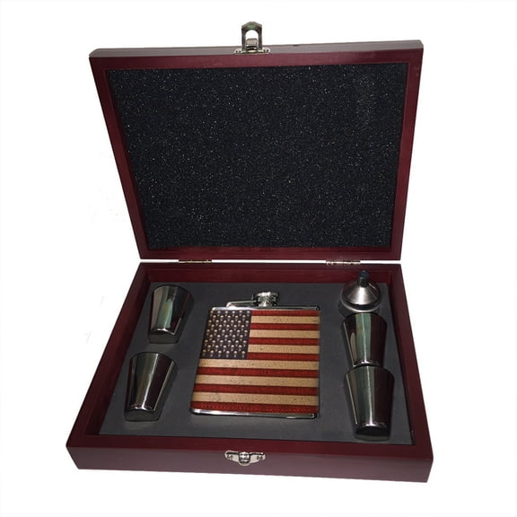 KuzmarK 6 oz. Leather Flask Set in Rose Wood Presentation Box -  American Flag Pop Art Skulls