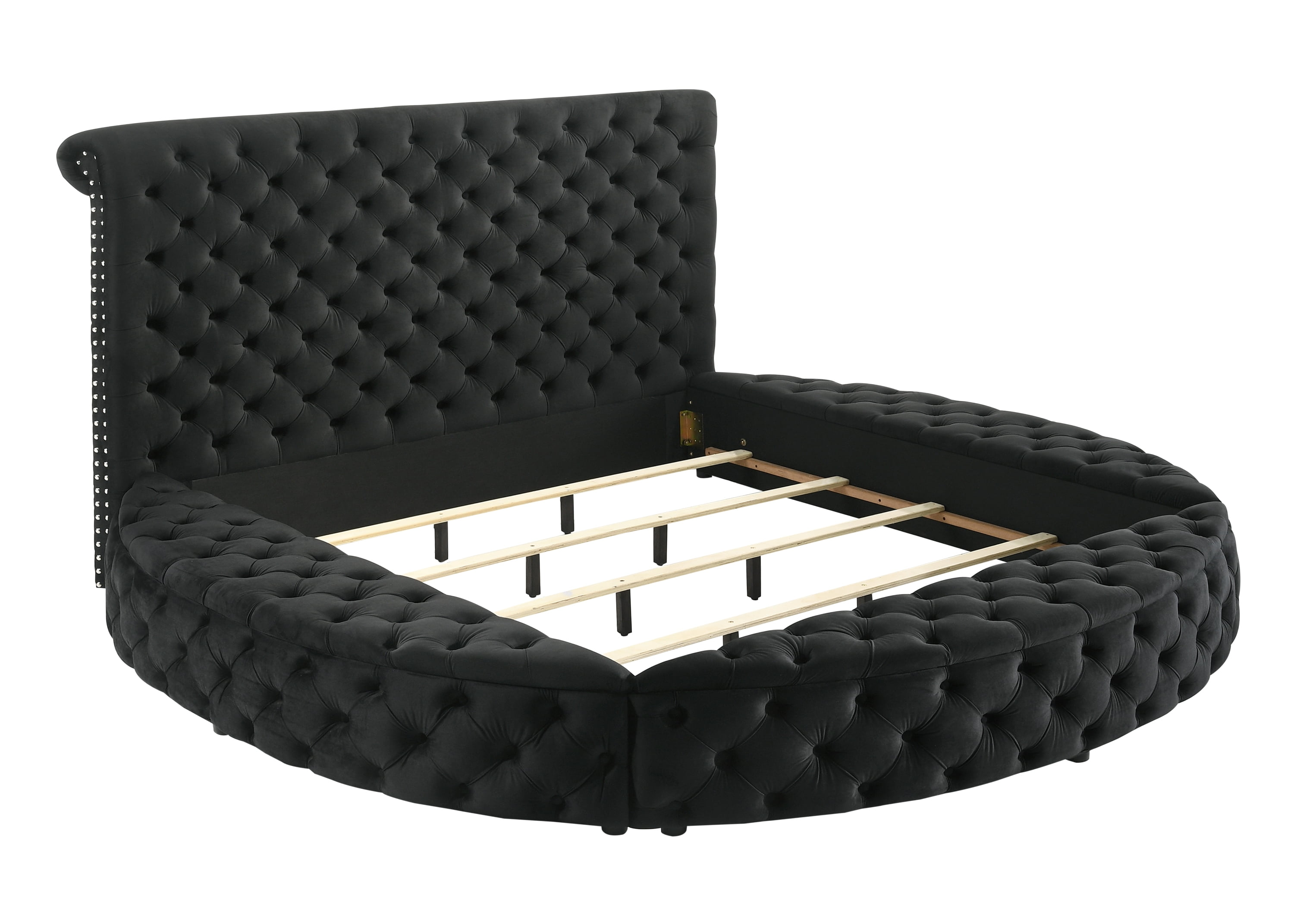 Bed Frame 1pc Unique Round Plush Black Velvet Button-Detailing Storage Bed King Size