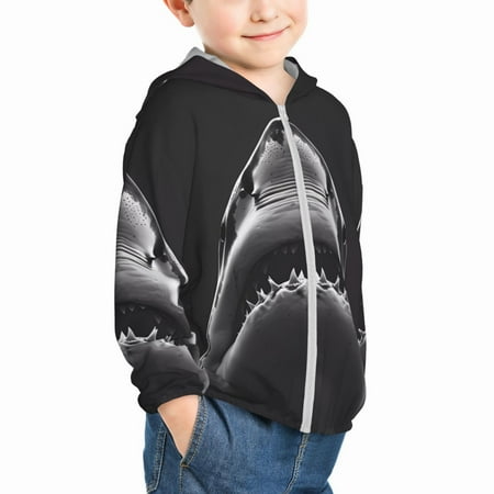

Uemuo Black And White Shark Pattern Rash Guard for Boys Girls Long Sleeve Swim Shirts UPF 50+ UV Sun Protection Hooded Fishing Shirt with Pocket for Kid-18 Months