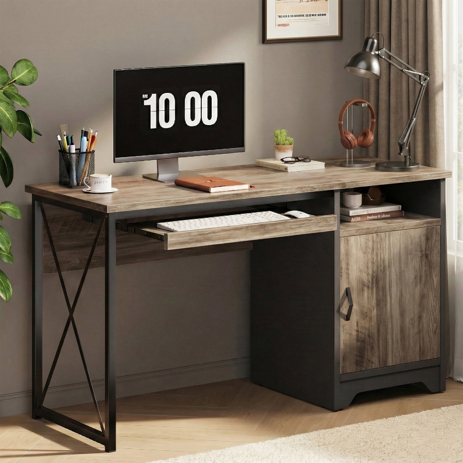 Bestier Home Office Desk 47" Computer Desk Small PC Table with Keyboard Tray and Storage Cabinet,Wash Gray