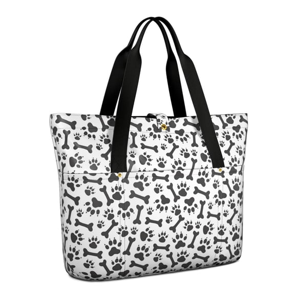 Tote Bag for Women - Paw Prints and Bones Shoulder Bag - Large Utility Work Duffle Bag with Zipper Handbag for Travel, Work, Sprots
