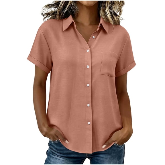 Lenpel Button down Shirts for Women Rolled Short Sleeve Curved Hem Pleated Cotton Linen Tops Casual Loose Blouses with Pocket