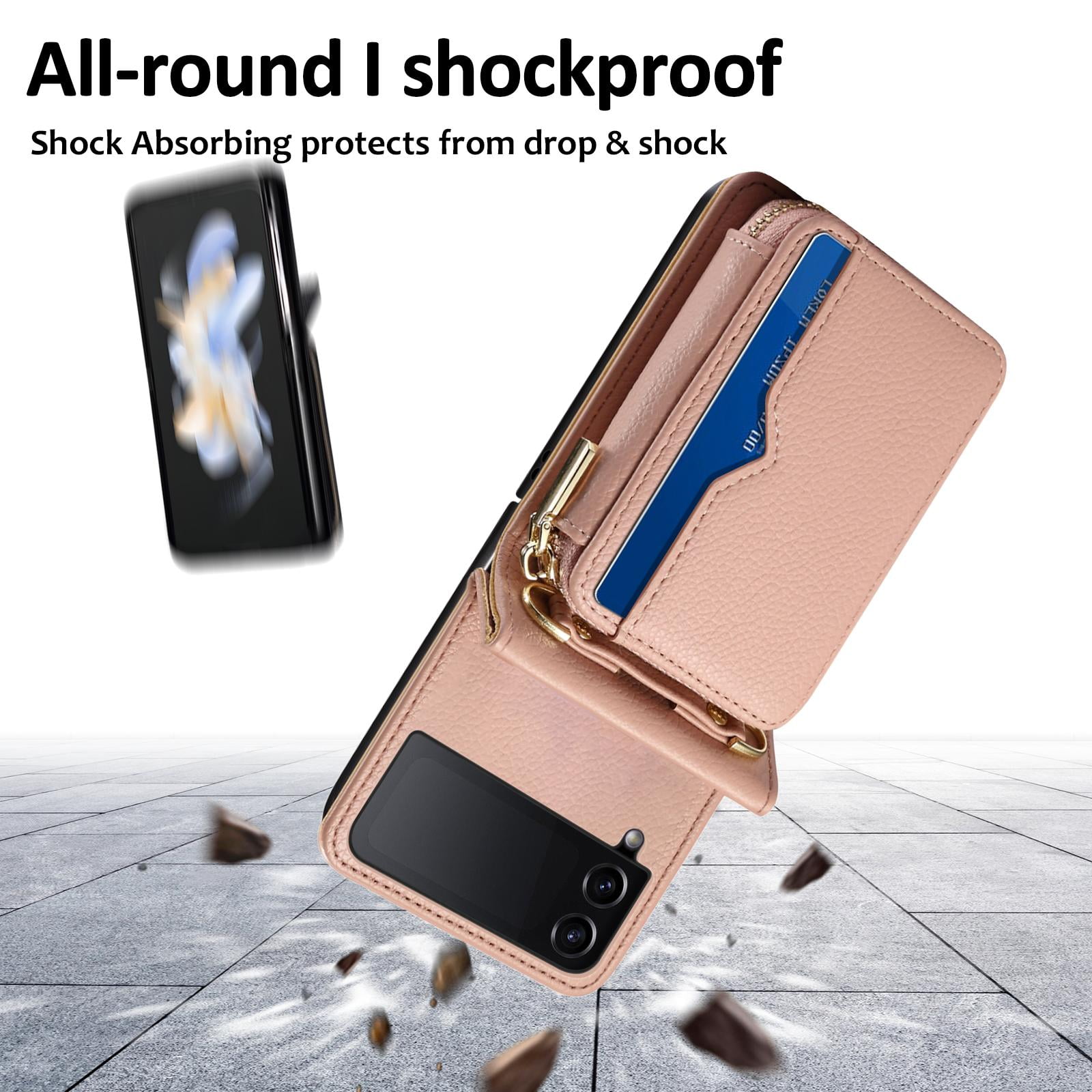 Allytechgroup Zipper Wallet Phone Case for Samsung Galaxy Z Flip 3, with Stylish Crossbody Strap Cards Slots RFID Blocking Shockproof Protective Luxury Case for Girls Women, Pink