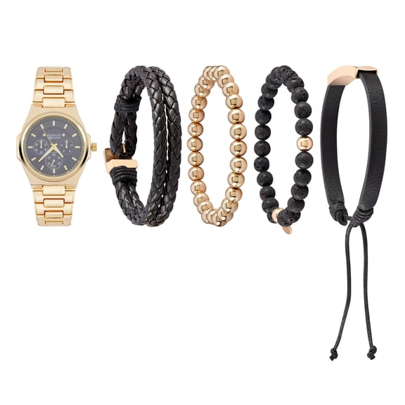 American Exchange Men's Analog Watch And 4 Piece Bracelet Set, Black Sunray/Brushed Gold