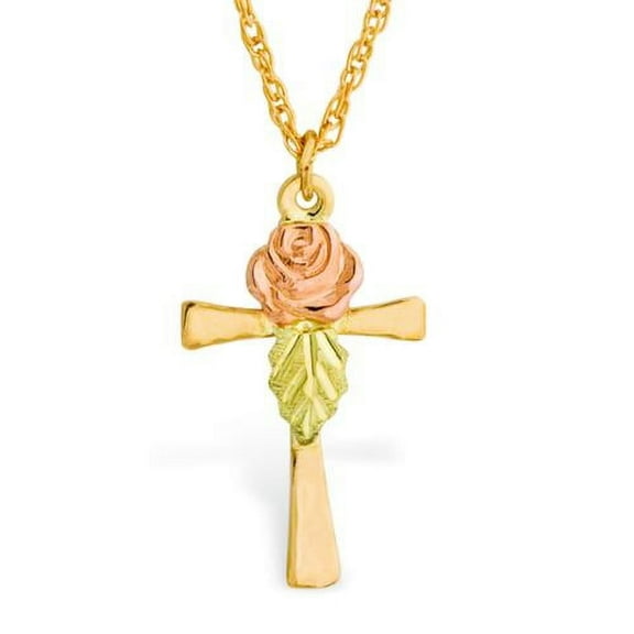 Black Hills Gold Rose on Cross Pendant Necklace
