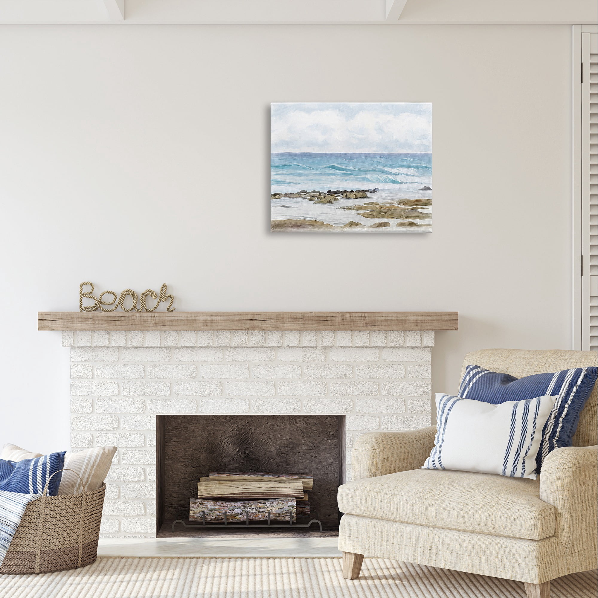 Stupell Industries Rocky Shore Beach Waves Landscape Painting Gallery Wrapped Canvas Art Print Wall Art, 30 x 24