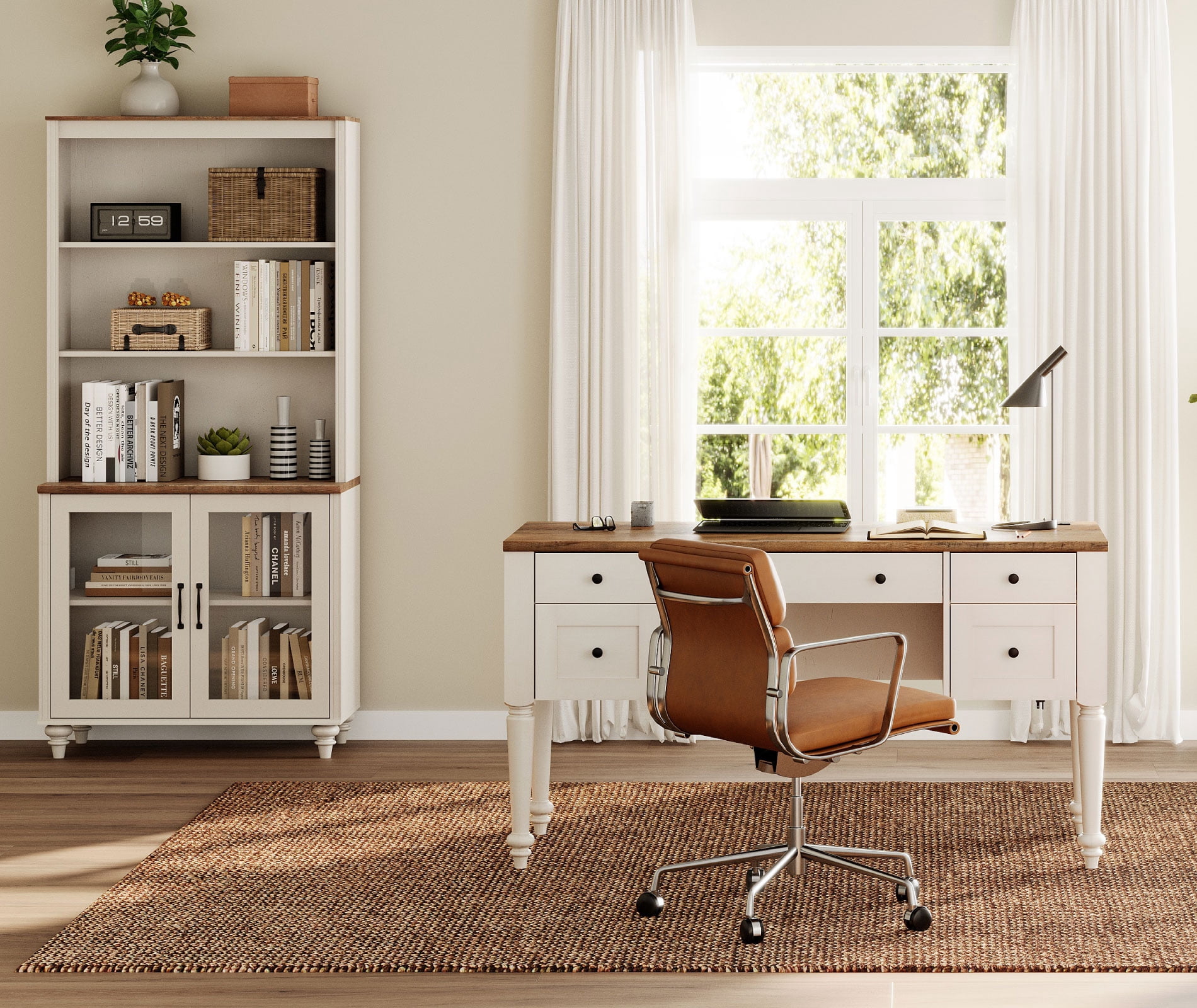 White Home Office Furniture Set, 56" Executive Desk with Charging Station, 72" Tall Bookcase with 2 Glass Doors, Wood Computer Desk with File Cabinet Storage, Open Shelf