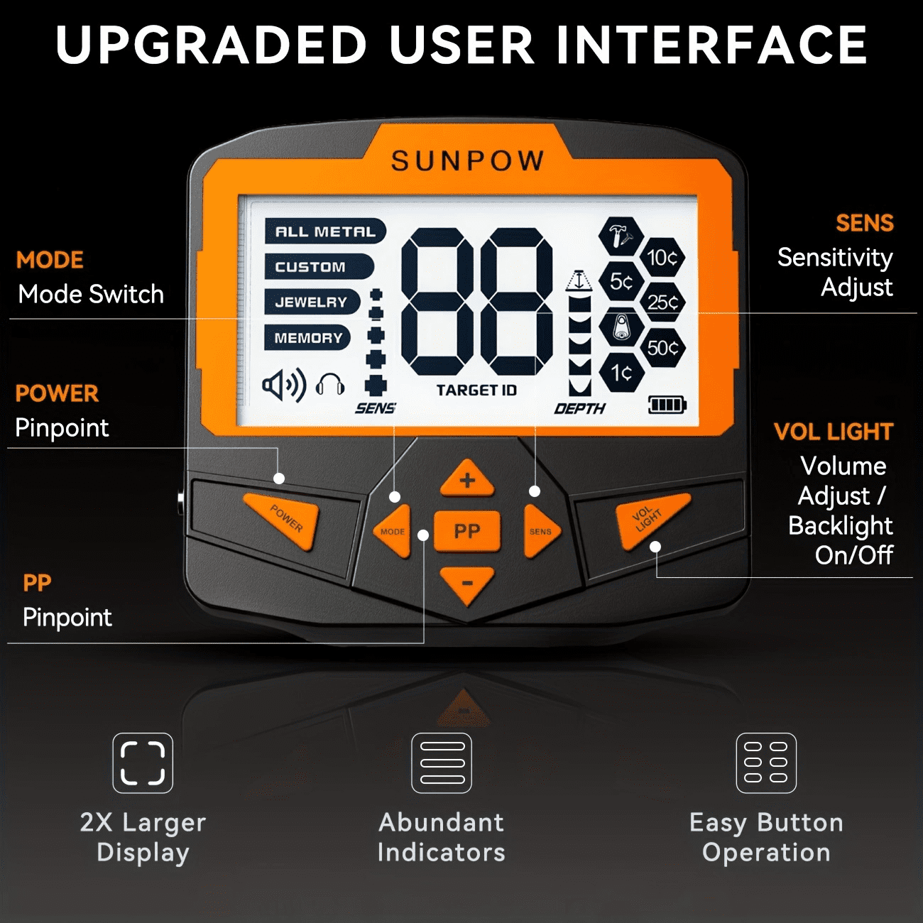 SUNPOW Orange and Black Backlit LCD Display Battery Powered Metal Detector