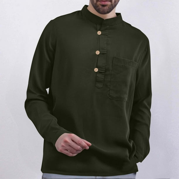 pstuiky mangas largas para hombre, Camisa de manga larga con cuello alto y botones, holgada, informal, de color liso, a la moda, para hombre Tops de talla grande para hombre xxl