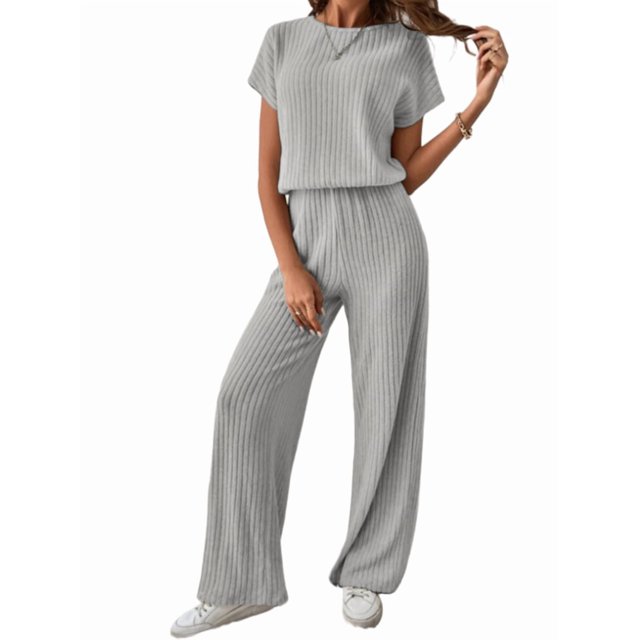 Traje Informal de Dos Piezas para Mujer, para Viajes y Vacaciones de Verano, con Corta y Pantalones Anchos. Gris M
