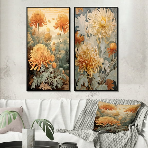 Designart "Retro Art Orange Chrysanthemum in Bloom I" Wildflowers Framed Wall Art Set Of 2 - Traditional Gold Frame Gallery Set For Office Decor
