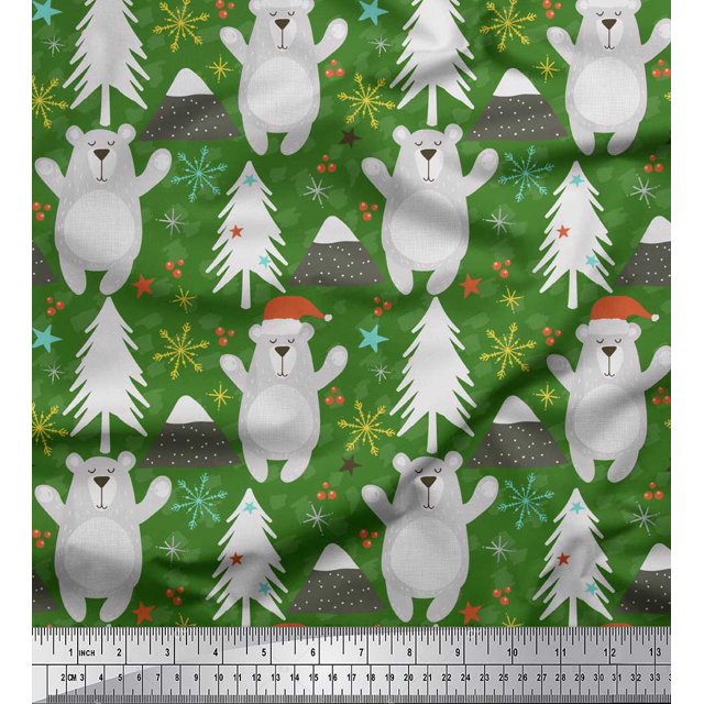 Soimoi Green Heavy Satin Fabric Snowflake & Bear Cartoon Print Sewing Fabric Yard 54 Inch Wide