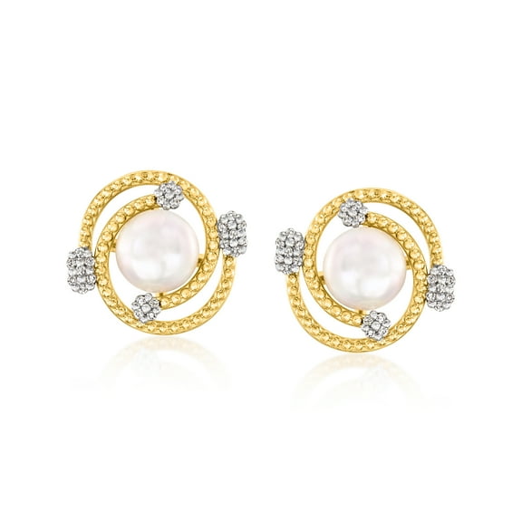Ross-Simons 7-7.5mm Cultured Pearl and .14 ct. t.w. Diamond Swirl Earrings in 18kt Gold Over Sterling, Women's, Adult