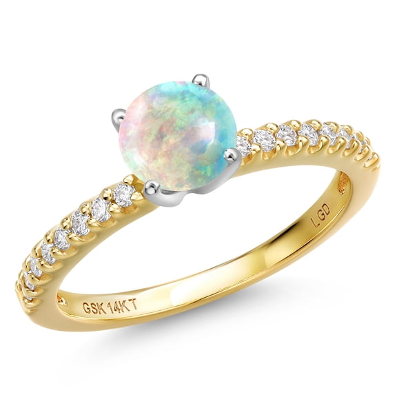Gem Stone King 14K Two Tone Gold Simulated White Opal and Lab Grown Diamond Engagement Ring for Women | 0.46 Cttw | Round Cabochon 6MM | Gemstone October Birthstone | Size 6