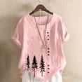 thumbnail image 2 of Cmfcve Women's Plus Size Tee Shirt Short Sleeve Round Neck Cotton Linen Gauze Tops Spruce Printed Henley Button Blouse, 2 of 5