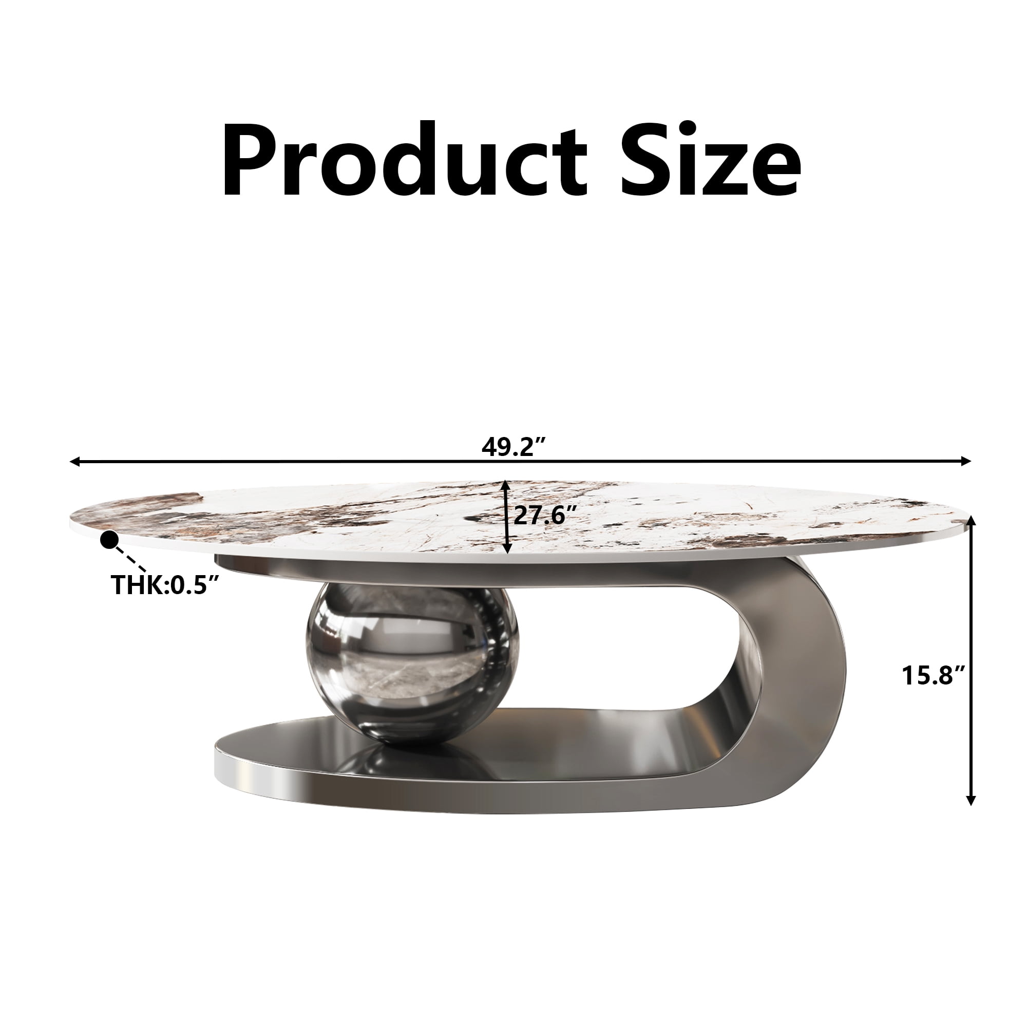 MDQMD Oval Coffee Table with Faux Marble Top Gray Steel Base Modern Minimalist Living Room Table  Storage Shelf Central Ball Support Design  Gray Marble Space-Saving Center Table