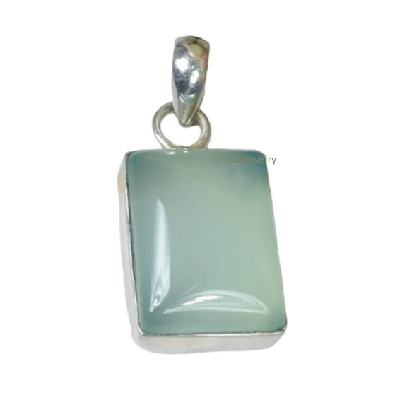 Solid 925 Sterling Silver Pendant For Women Men, Genuine Aqua Chalcedony Rectangle Gemstone Unique Handcrafted Pendant For Her Him